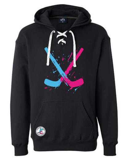 PAINT SPLATTER HOCKEY STICKS HOODED SWEATSHIRT ADULT