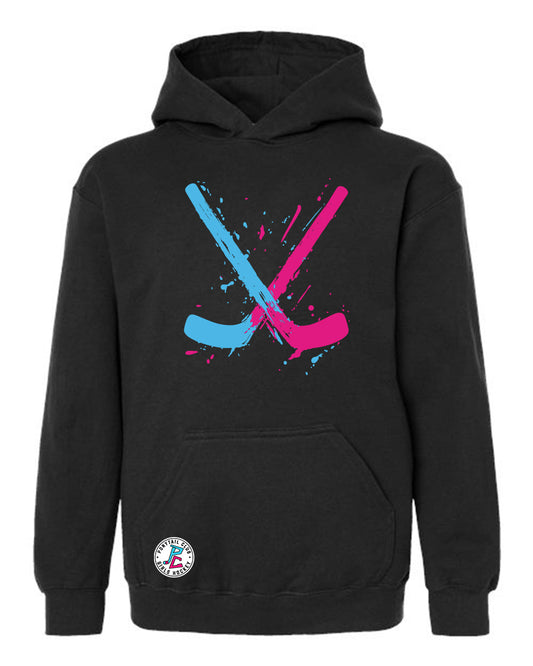 PAINT SPLATTER HOCKEY STICKS HOODED SWEATSHIRT YOUTH